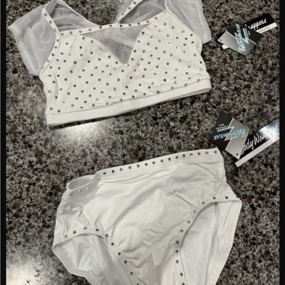LAST CHANCE! NWT Body Wrappers white two piece dance outfit. Rhinestoned by hand